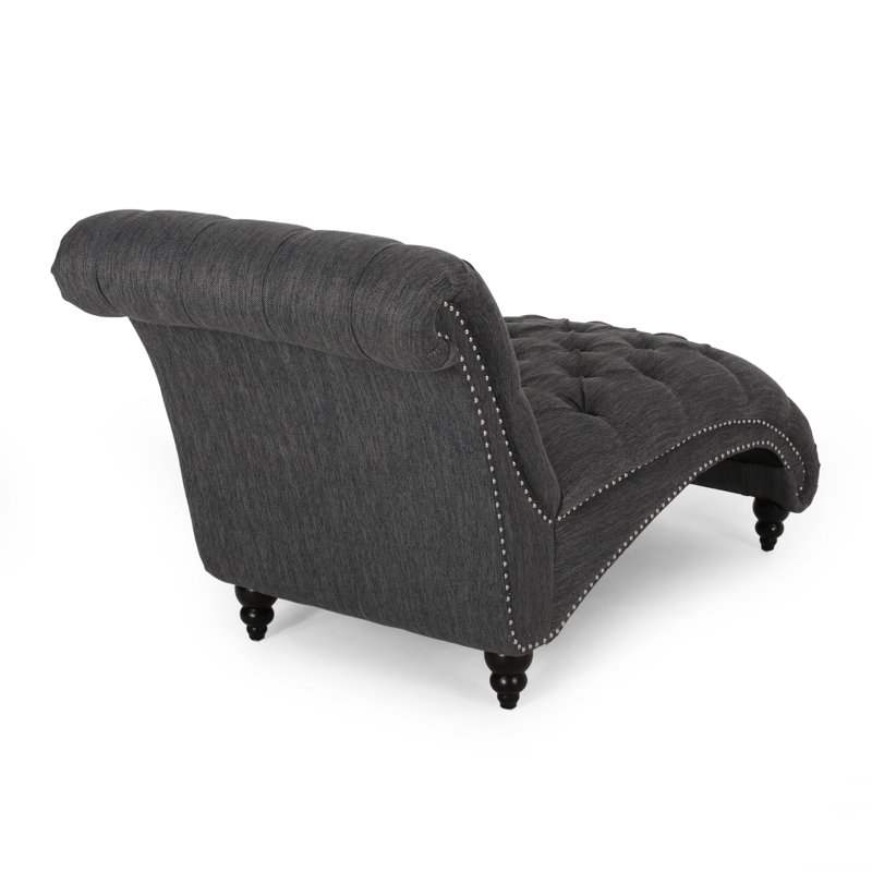 Chaise longue gris anthracite, à boutons et à losanges, style courbée, chaise moderne en bois de bouleau, conception pour le repos, tissu gris anthracite, pieds