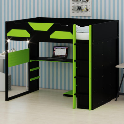 Modern Loft Bed With Study Desk, Ample Storage Shelves, USB Connectivity & Ambient RGB Illumination