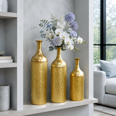 Ensemble de 3 vases de plancher en métal doré, ensemble de grands vases gigognes décoratifs avec texture botanique en relief