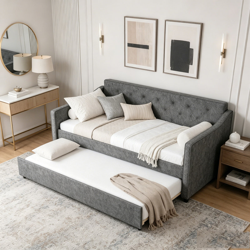 Lit de jour simple rembourré avec couchette escamotable et chargement USB, Gris