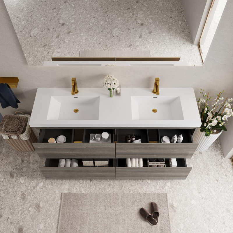 Meuble-lavabo autoportant 70,87 po avec double lavabo, Bois de frêne gris