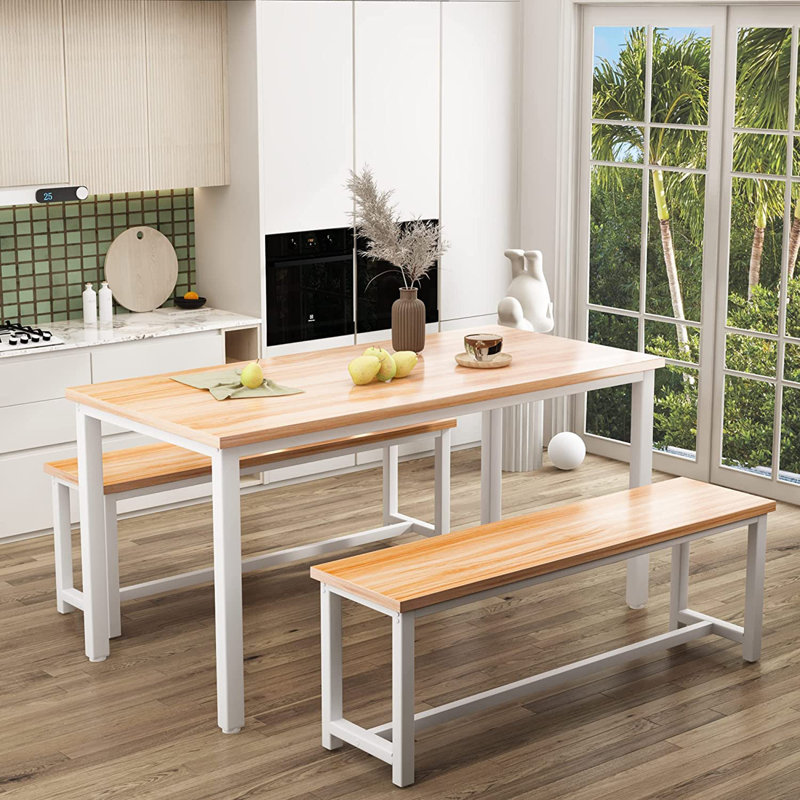 Ensemble de salle à manger Farmhouse avec 2 bancs pour 4 à 6 places, Naturel / Blanc