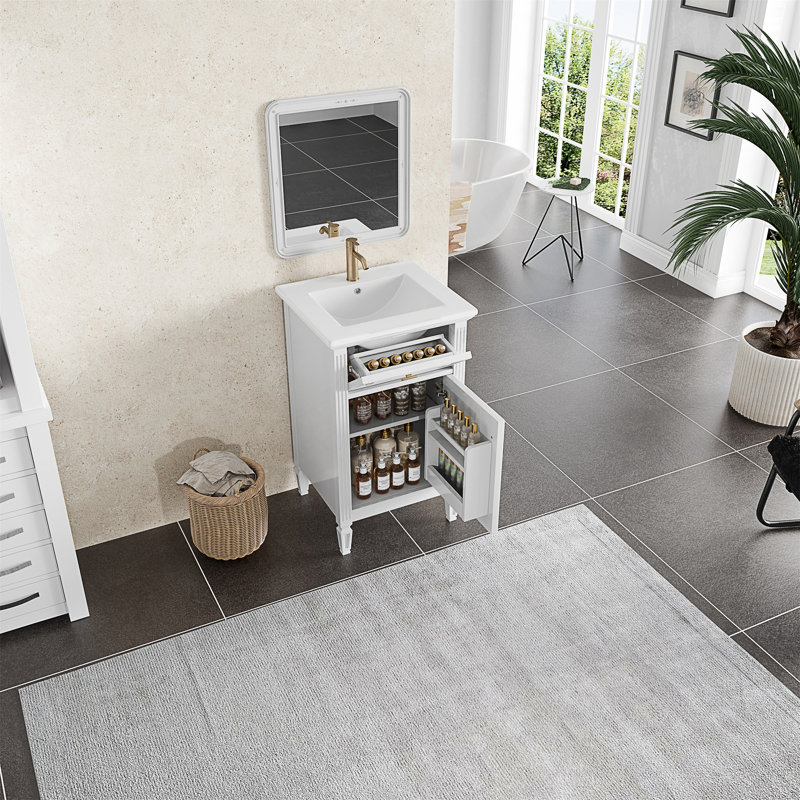 Meuble-lavabo de 20 pouces avec lavabo intégré, pieds en bois massif, tablette réglable, tiroir inclinable et boutons en alliage de zinc pour les petites salles de bain