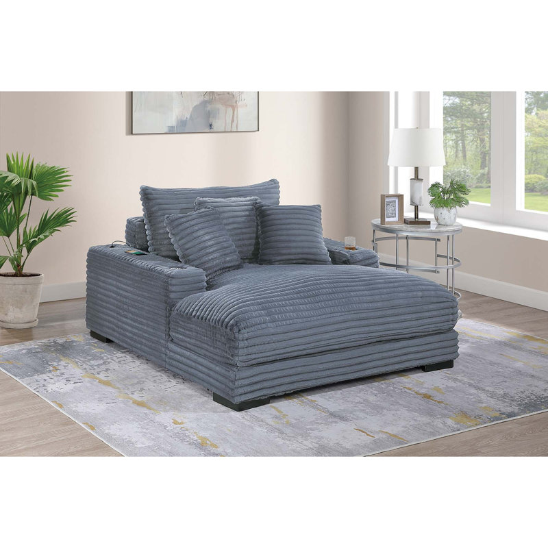 Chaise longue moderne avec 2 porte-gobelets et ports USB en velours côtelé gris, Gris