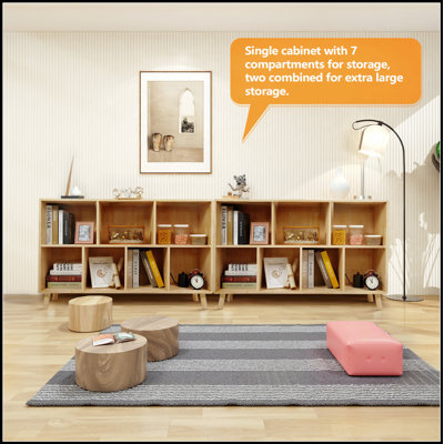Armoire de rangement en bois de pin massif à 7 compartiments, organisateur à tablettes fixes pour livres, jouets et décoration intérieure, idéal pour les maisons et les bureaux modernes