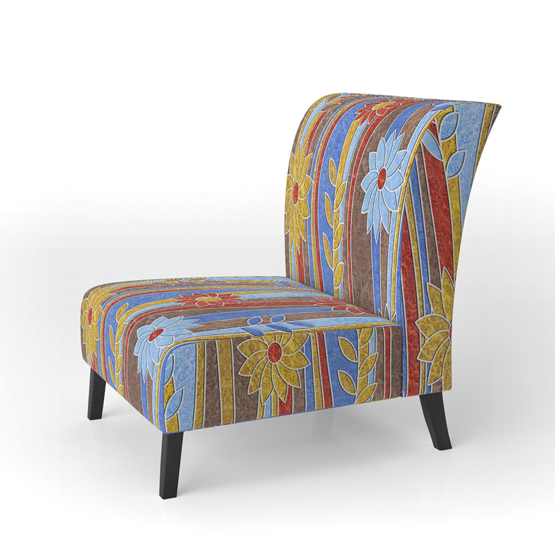 Fauteuil de chambre rembourré bleu, vert et orange à rayures verticales Mid-Century, Mélange de polyester bleu / rouge / brun