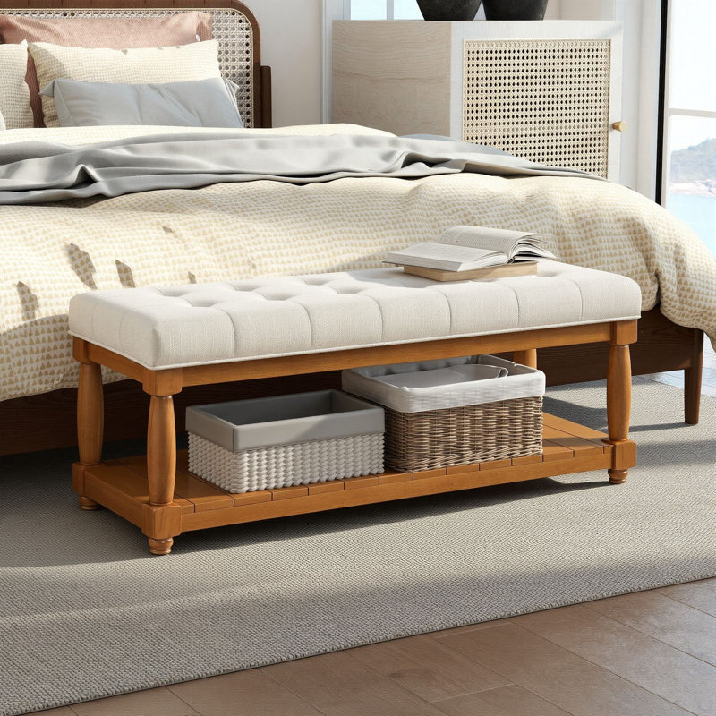 Banc capitonné de 44 po avec tablette de rangement et banc rembourré en lin pour le vestibule de la chambre à coucher, Brun