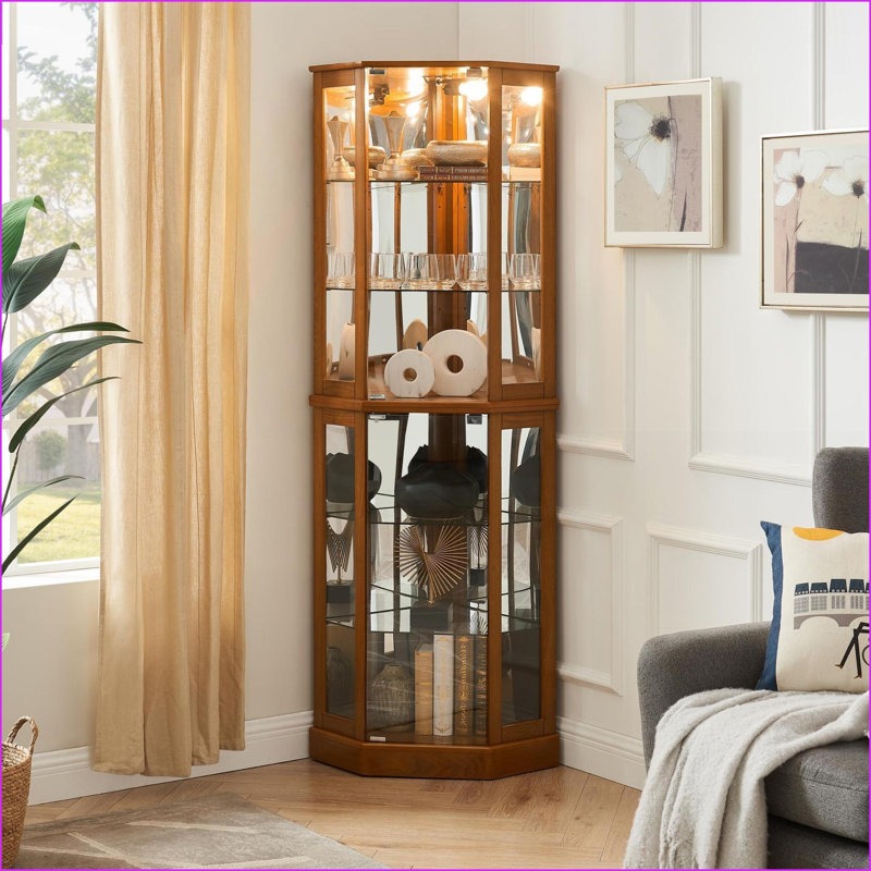 Cabinets, 72"H Traditional Corner Curio with Lights, Mirrored Back &amp; Adjustable Shelves | Walnut Brown | Engineered Wood | Living Room
