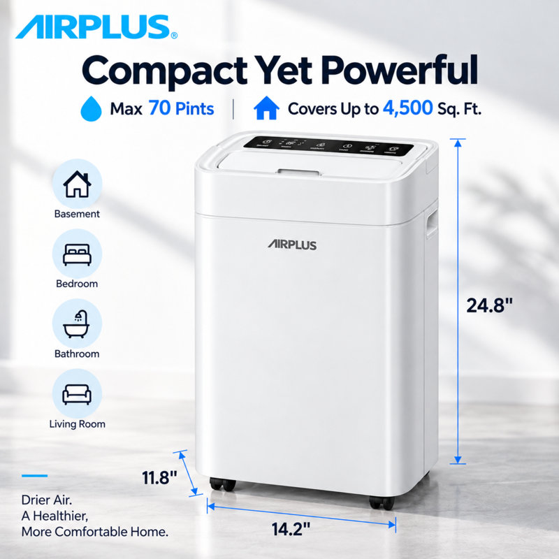 Déshumidificateur intelligent AIRPLUS 70 pintes pour la maison, déshumidificateur portatif pour salle de bain compacte, déshumidificateur de sous-sol de 4500 pieds carrés avec tuyau d'évacuation, déshumidificateur silencieux pour chambre à coucher, déshumidificateur pour véhicule récréatif intérieur