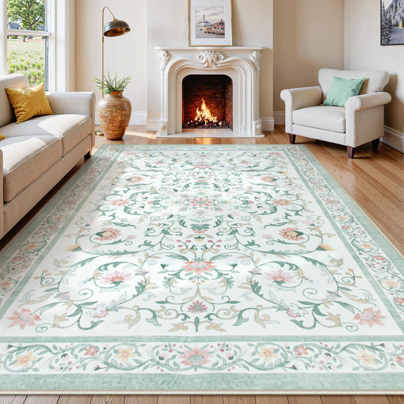  Tapis décoratif floral antidérapant antidérapant à motif floral Boho, Rectangulaire 8 pi x 10 pi, Vert