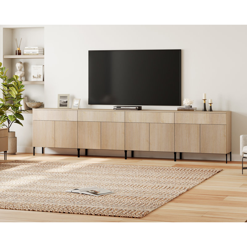 Union Rustic 126" Long Modern Reeded TV Stand With Doors, Entertainment Center With Shelf, Wooden TV Console With Drawers For Living Room