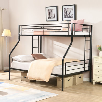 Twin Over Full Black Metal Bunk Bed, Non-Convertible Stacked Design, Dual Ladders & Full Safety Guardrails, No Box Spring Needed, 13-Inch Under-Bed Storage For Kids Bedrooms & Guest Rooms