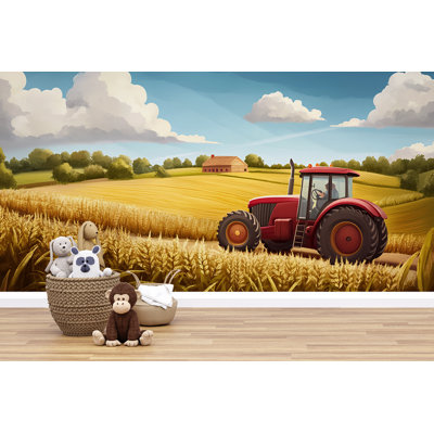 Tractor In Wheat Field Wallpaper – Golden Harvest Landscape, Farmer Driving Tractor, Countryside Rural Background, HD Farm Life Wall Art For Kids