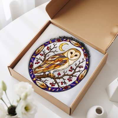 Stained Glass Barn Owl with Moon and Red Berries Canvas Wall Art