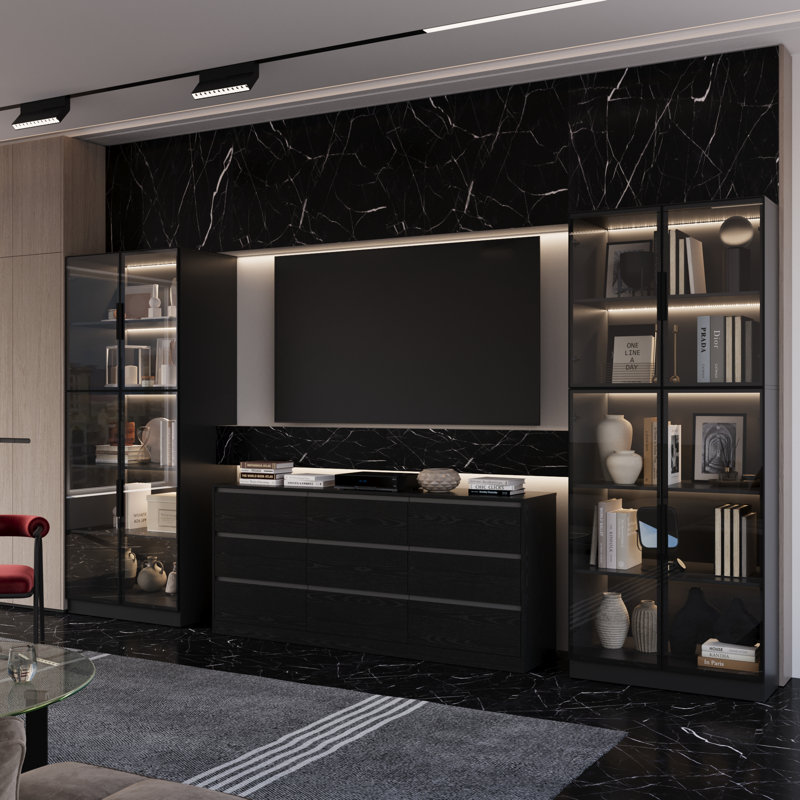 Meuble télé 3 pièces avec bibliothèque et centre de divertissement moderne avec porte en verre, Noir