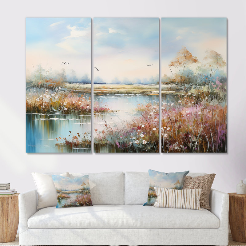 Flower Meadow Charm - Ensemble de décoration murale pré, Toile tendue, H 40 po x l 60 po x P 1 po