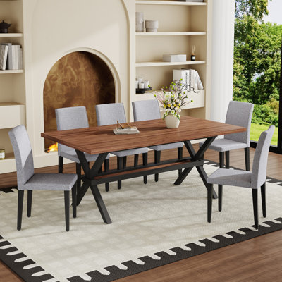 71'' Modern Industrial Dining Table Set For 6 Or 8 – Walnut Wood Grain Table With Metal X-Base & Upholstered Chairs, Space-Saving Storage Shelf