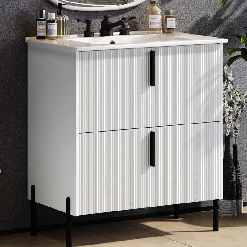 Meuble-lavabo de salle de bain de 76 cm (30 po) avec lavabo en céramique intégré, tiroir cannelé à fermeture amortie, espace d'extension, poignée de 14,7 cm (5,8 po), pied de 21 cm (8,27 po), blanc, style américain, glissières sous plan.