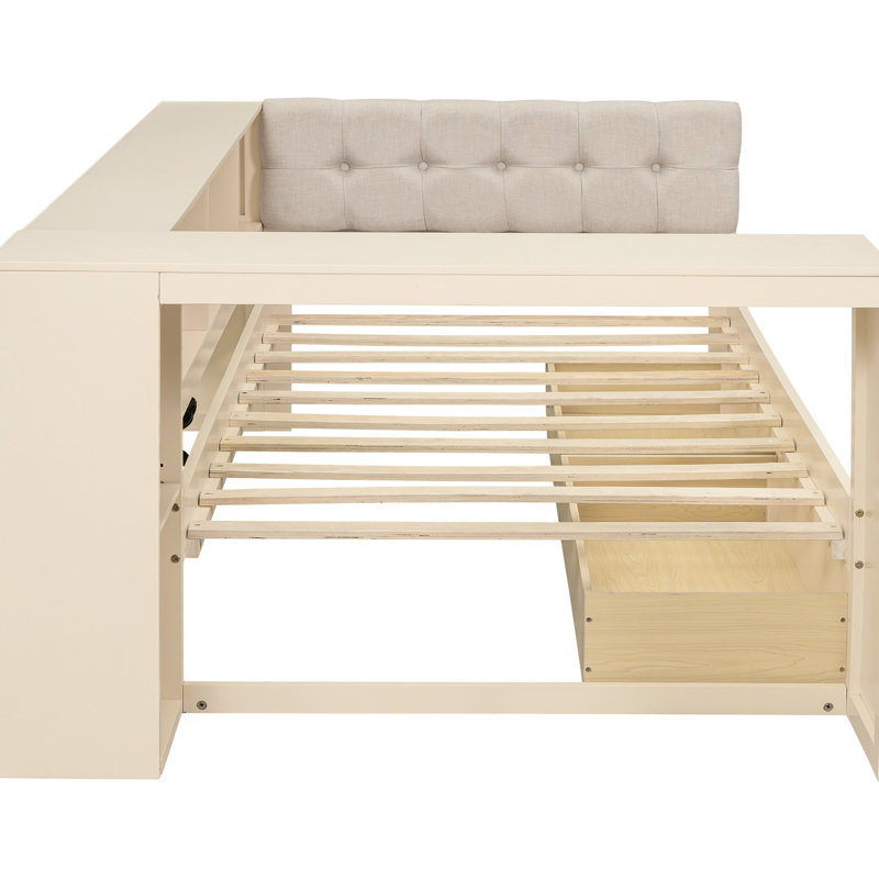 Lit double avec tiroirs de rangement, tablettes et port de charge, tête de lit tapissier en bois, tête de lit, tiroirs en crème