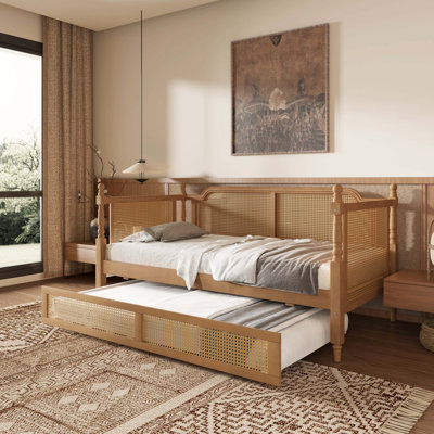 Lit de jour simple en rotin traditionnel avec lit gigogne simple pour les espaces compacts, lit de chambre d'amis sans sommier, noyer antique