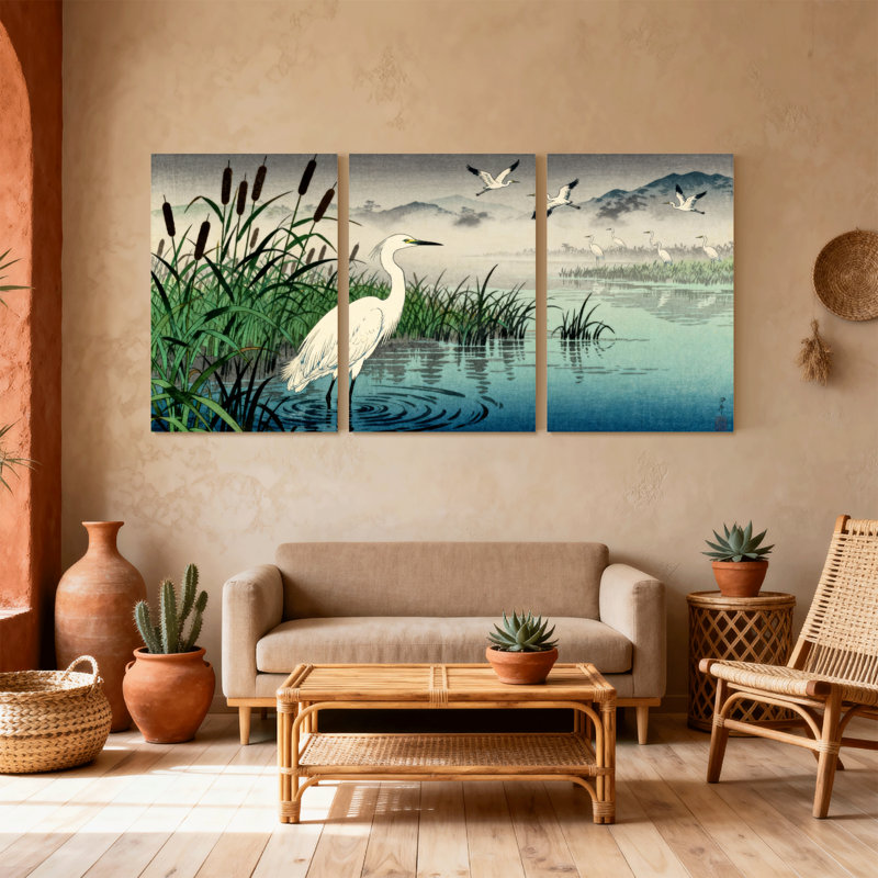 Héron blanc dans un marais avec oiseaux volants, ensemble de 3 impressions sur toile, H 24 po x l 48 po