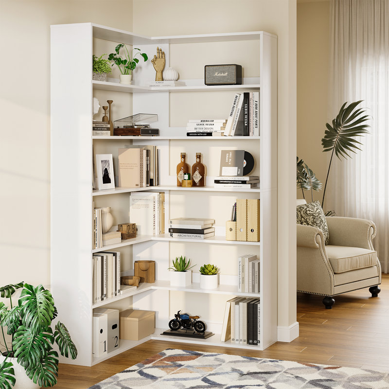 6-tier Corner Bookshelf With Baffles, L Shaped Tall Bookcases, 6-tier Bookshelf And Bookcase With Open Storage For Home Office