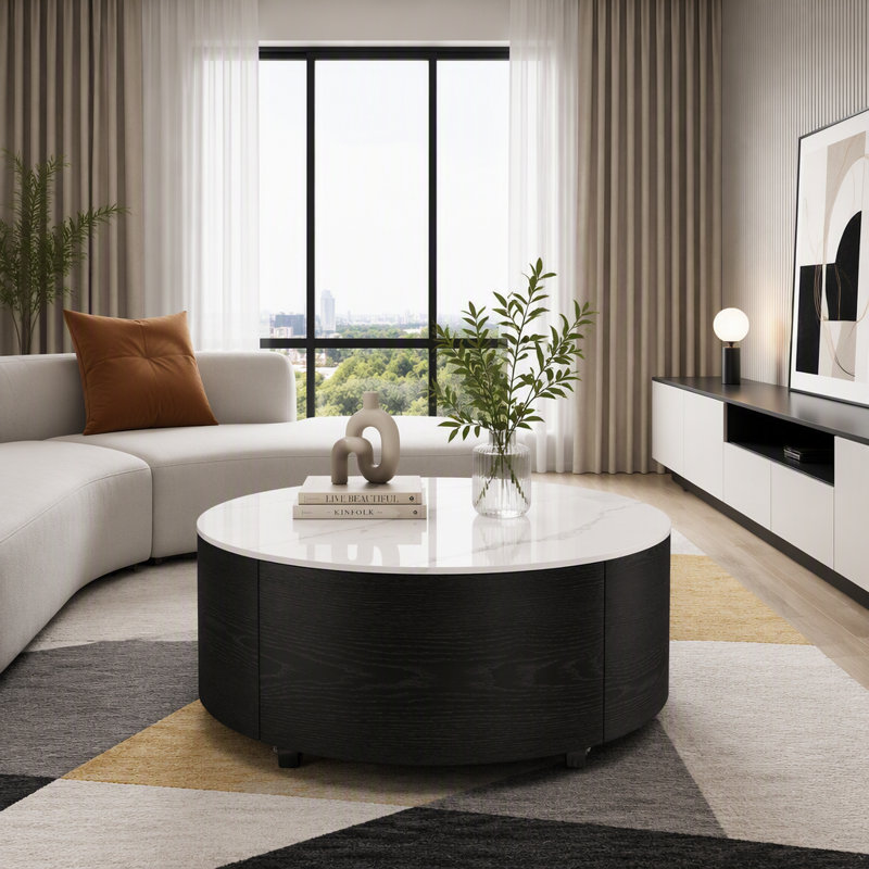 Table basse ronde mobile 29,5 "avec roulettes, plateau en pierre frittée à motif marbré, 2 tiroirs de rangement, table de salon moderne