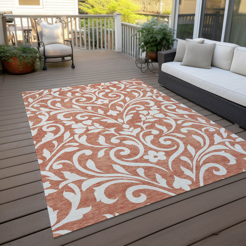 Tapis intérieur / extérieur en polyester tissé à la machine à motif floral brun mâle Malé, Rectangle de 10 pi x 14 pi
