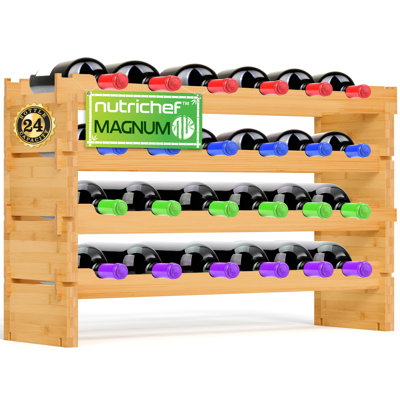 Bamboo Modular Wine Rack For Magnum Size Wine Bottles (4” Diameter) - 24 Bottle 4-Tier 2 Cross Compatible Stackable Wine Rack Systems