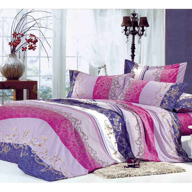 Ensemble de housse de couette simple à volutes rose et mauve, Housse de couette très grand + 3 pièces supplém