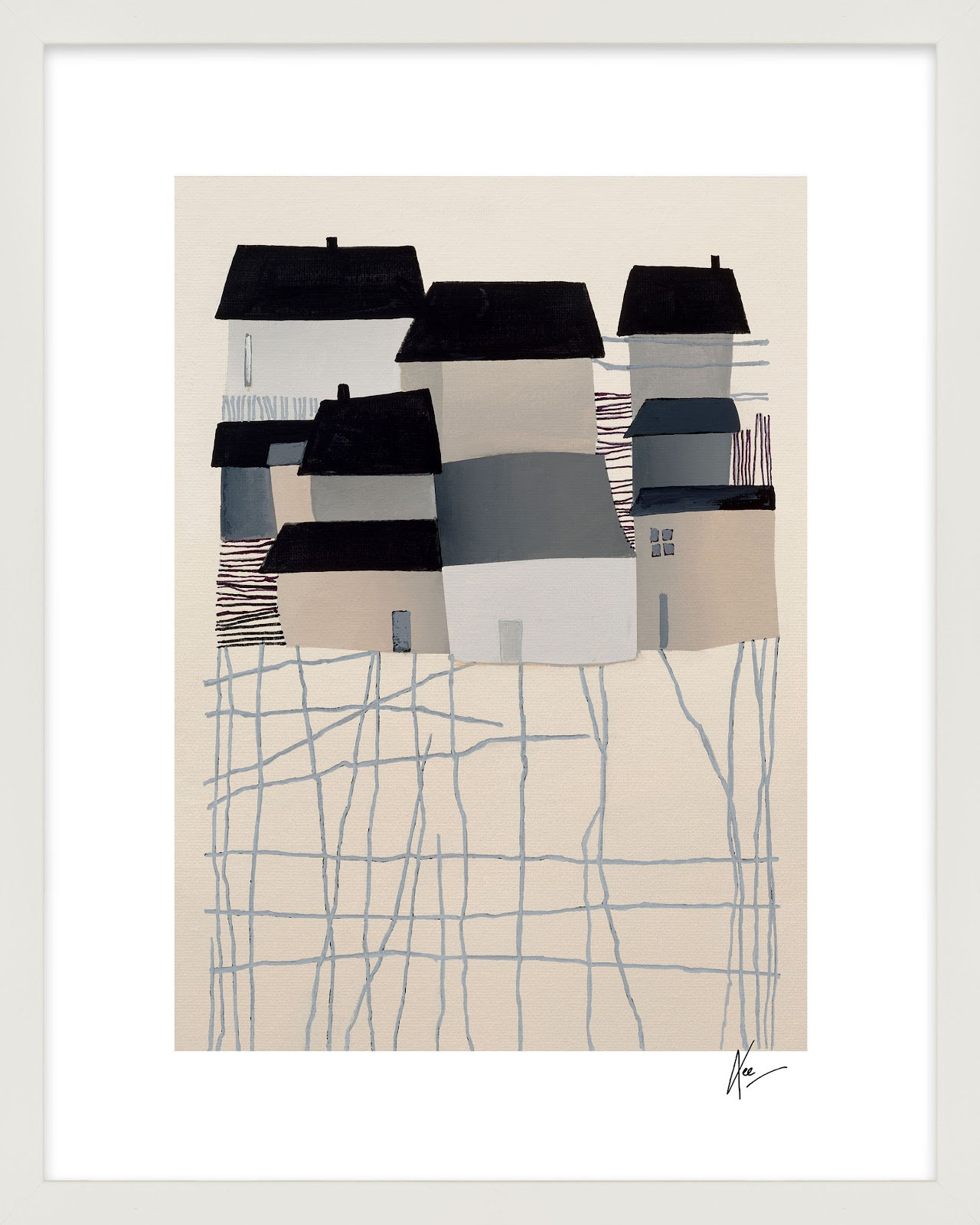 Village Print by Lee Lessem, 25" H x 20" W x 1.25" D, White