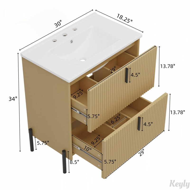 Meuble-lavabo 30 po avec lavabo en céramique, glissières de tiroir à fermeture en douceur, Naturel