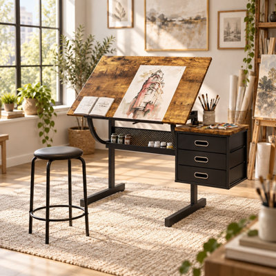 Black Adjustable Drafting Table with Stool and Storage Drawers