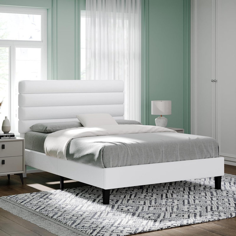 Bed frame with headboard, platform bed frame with velvet upholstered headboard and channel design, White, Queen