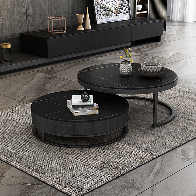 Simple modern rock plate round coffee table, Black, 15" H x 35.4" L x 35.4" W