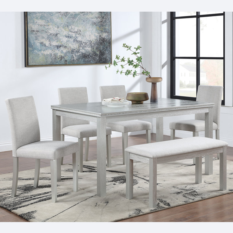 Wooden Dining Rectangular Table With Bench, Kitchen Table With Bench  Small Space,  Person Dining Table, White