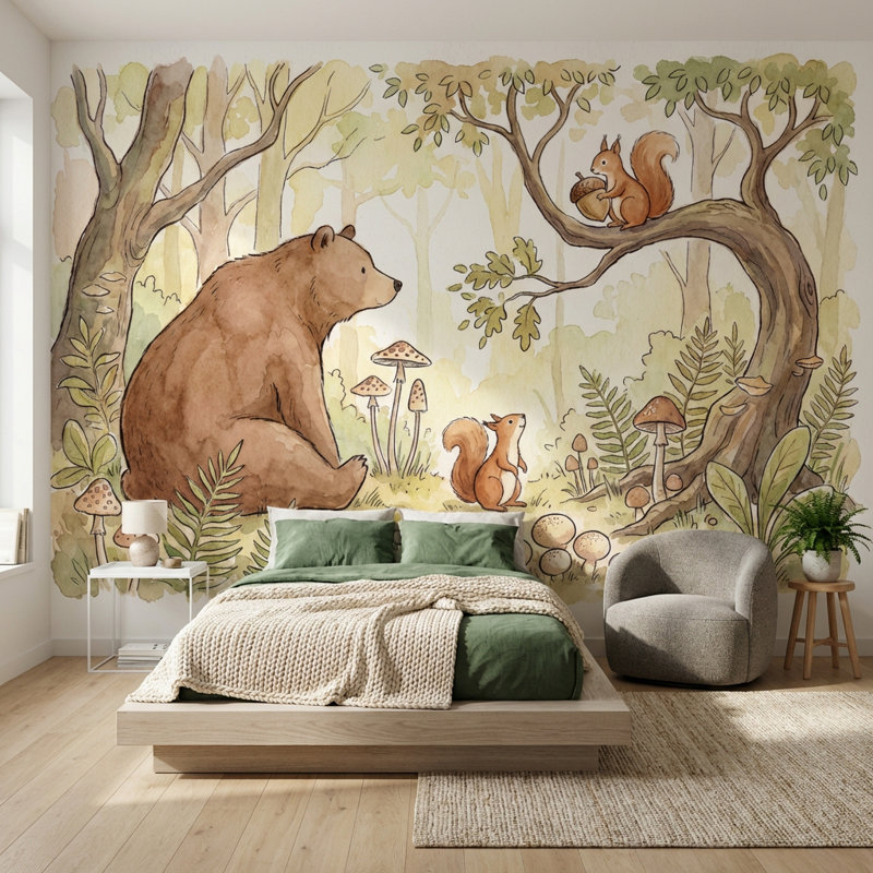 Murale écureuil d'ornement forêt fantaisiste, Peler et coller, L: 112 po x H: 72 po