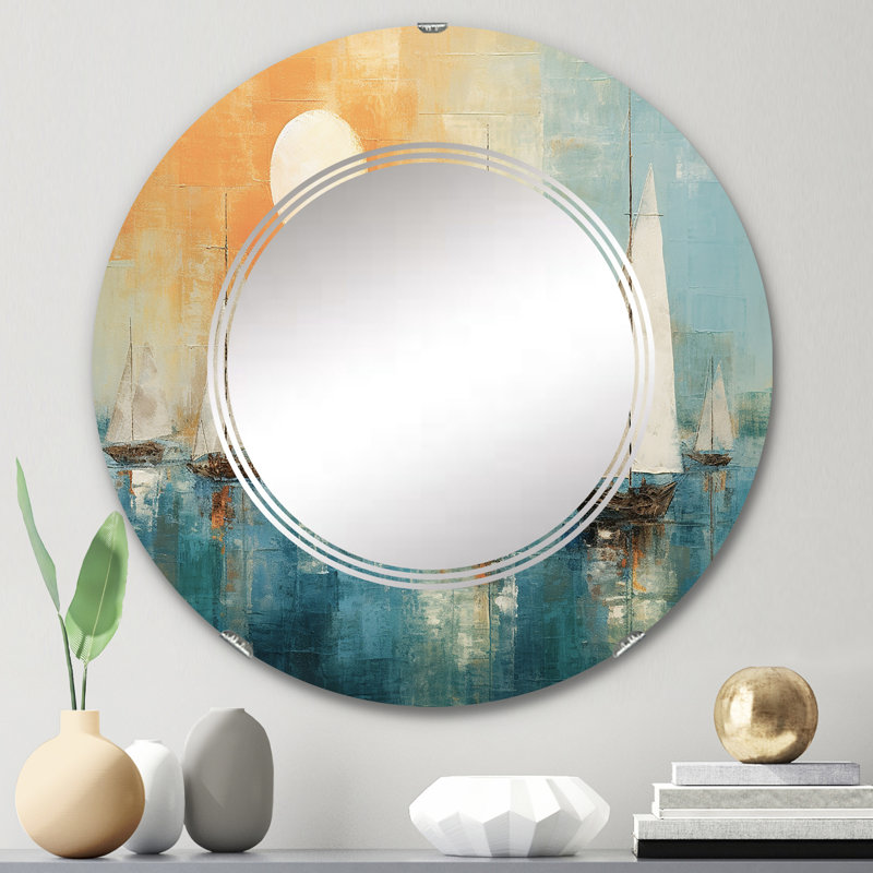 Bateau abstrait Coastline I - Miroir mural moderne rond, 24 po x 24 po