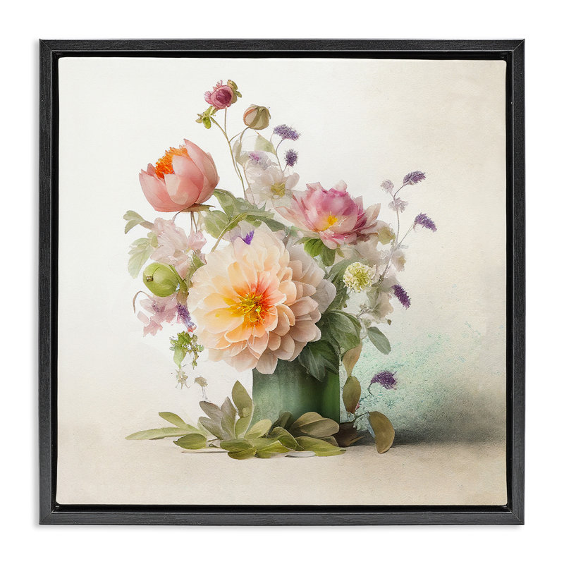 Bouquet de fleurs printanières, H 18 po x l 18 po, Cadre flottant noir de jais