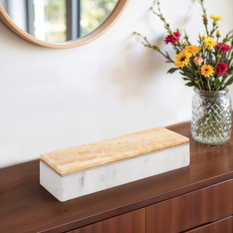 Modern Stone and Marble Decorative Box with Sleek Rectangular Design and Removable Lid., White/Natural
