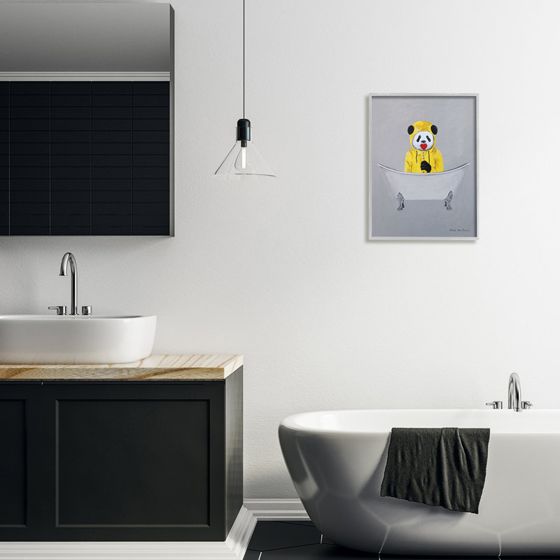 «Panda Yellow Raincoat», rouge, cœur, griffe, pied, baignoire par Coco de Paris - Peinture, H 20 po x l 16 po x P 1,5 po