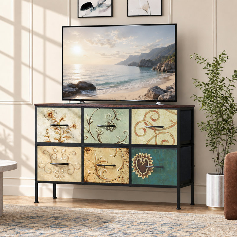 Commode pour chambre à coucher avec 6 tiroirs floraux peints, commode avec cadre en métal, plateau en bois, commode pour placard, salon, couloir