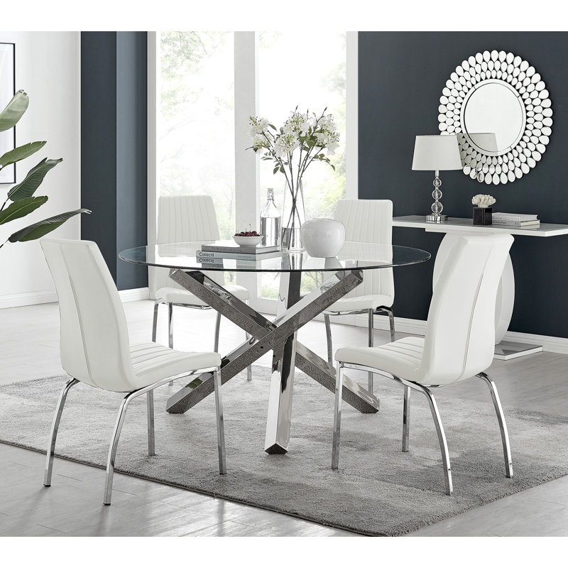 Vogo Modern Design Chrome and Glass Dining Table Set with 4 Soft Touch Faux Leather Dining Chairs, White/Silver