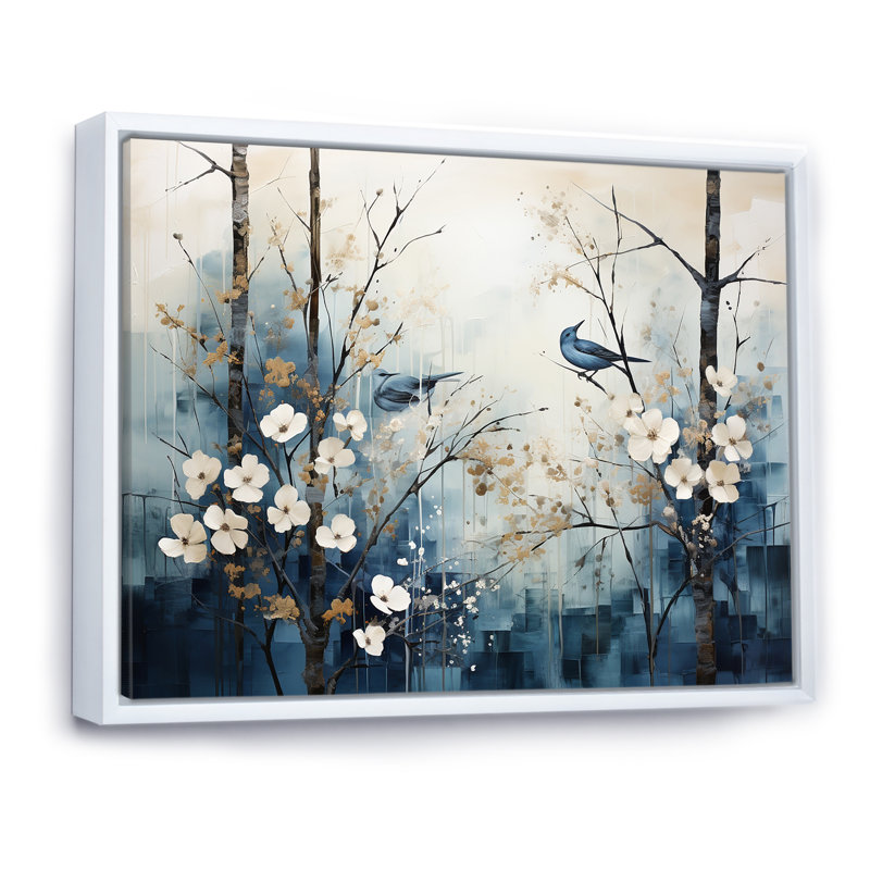 «Blue and White Forest Winter Harmony I», art mural sur toile, H 16 po x l 32 po x P 1 po, Cadre flottant blanc