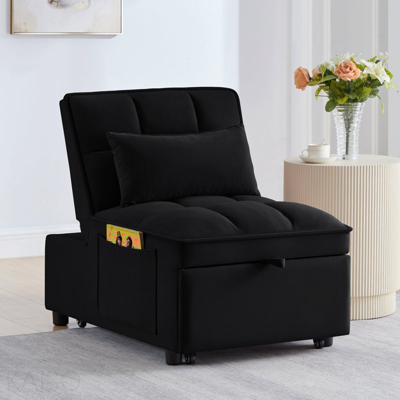 Canapé-lit simple multifonctionnel 4 en 1 avec poches de rangement, canapé-lit simple capitonné avec dossier réglable et coussins, méridienne convertible, noir