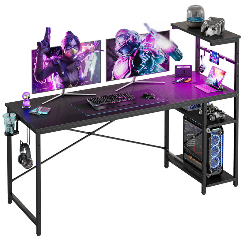 Nedyo RGB LED Computer Desk with Reversible Shelves, Black, 44.49" H x 61.02" W x 19.69" D