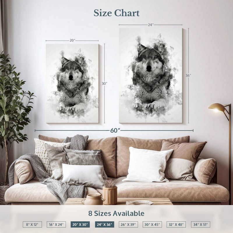 Brampt Wolf Sitting Black And White, 36" H x 24" W