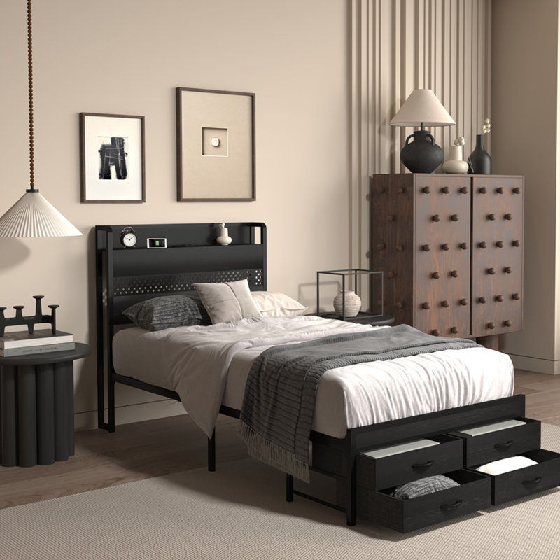Twin Size Metal Platform Bed Frame with Headboard, LED Lights, Drawers & Charging Station, No Box Spring Needed, Black