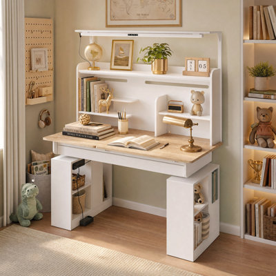 55.1" W Electric Standing Desk with Storage Hutch, Tiltable Desktop, & LED Light