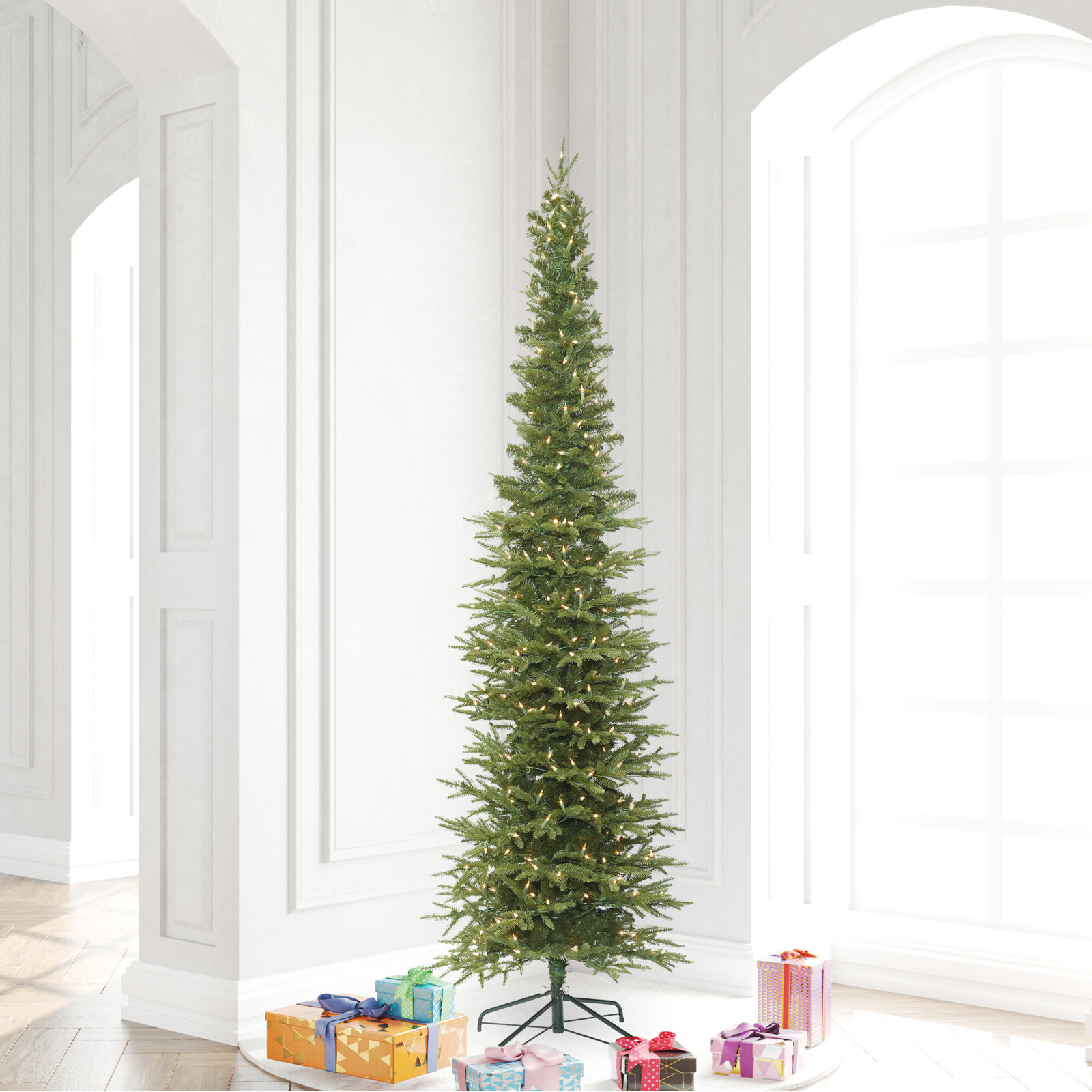 Pencil 12' Pre-Lit Fir Christmas Tree, Warm White LED, 7.5' 